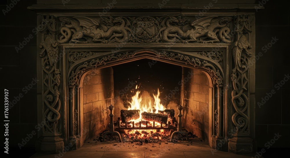 Obraz premium Ornate stone fireplace with dragons features a crackling fire.