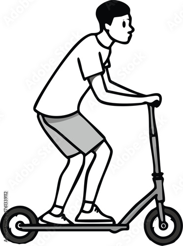 Side view cartoon drawing of a boy in shorts and a t-shirt riding a push scooter, isolated on a white background