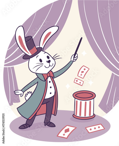 Cute Rabbit Magician Cartoon with Magic Wand