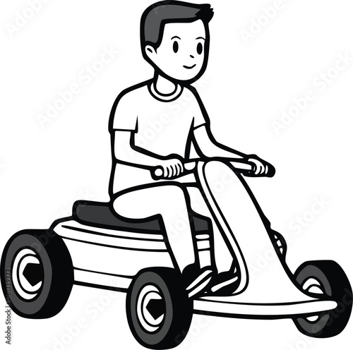 Cartoon illustration of a happy young boy riding a white go-kart with black wheels on a white background