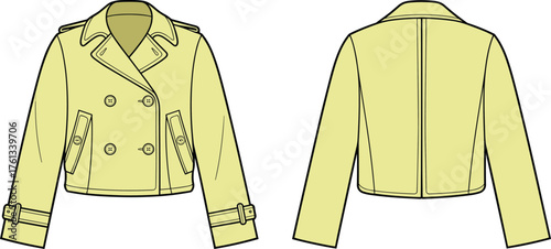 Women cropped trench jacket flat sketch, double-breasted outerwear design, fashion technical drawing, stylish coat template, CAD drawing flat vector illustration