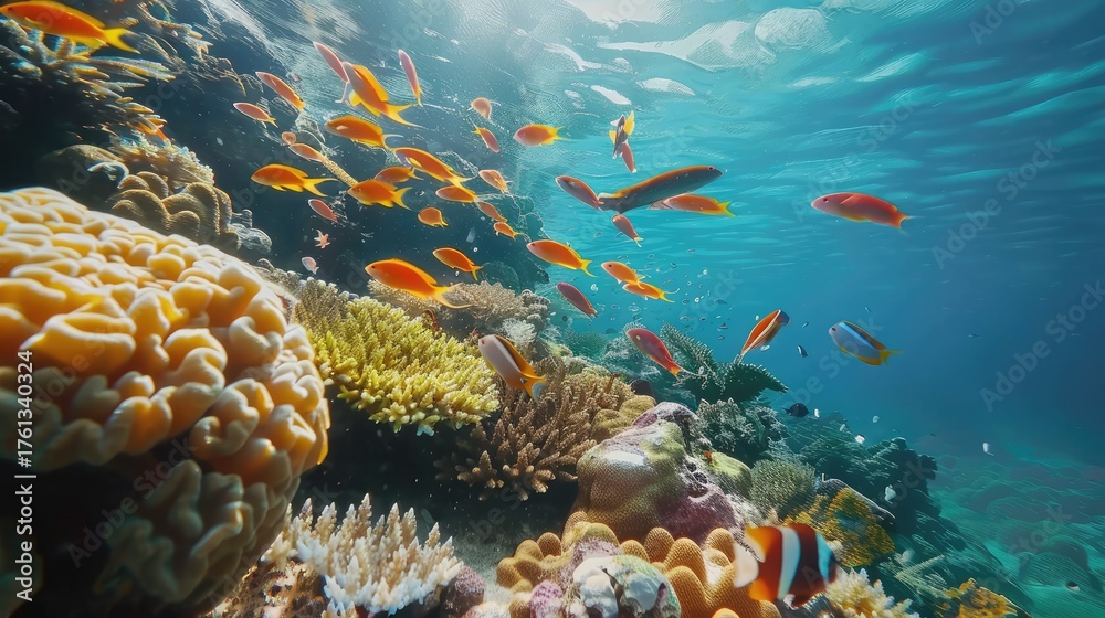 Fototapeta premium Vibrant underwater scene showcasing colorful coral reefs and diverse fish swimming in clear tropical waters
