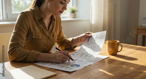 real estate strategy self employed concept. A woman analyzes charts while sipping coffee at a wooden table.