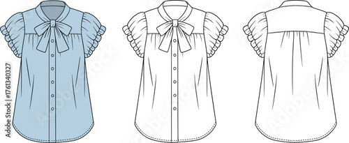 Women's ruffle sleeve blouse with bow tie, front and back flat sketch, fashion CAD drawing, technical garment design vector illustration