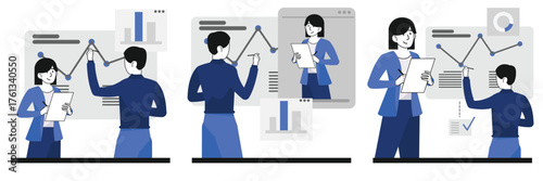 Team of business professionals standing and explaining corporate data strategy and company growth in modern office illustration