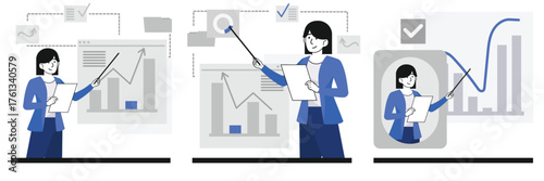 Confident female business leader standing and explaining financial data and project strategy in modern flat office illustration
