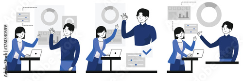 Creative business team coordinating project tasks and discussing strategic ideas in modern flat office collaboration illustration