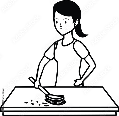 Cleaning Routine Woman Brushing Table Surface, Dust Removal and Daily Upkeep Illustrated