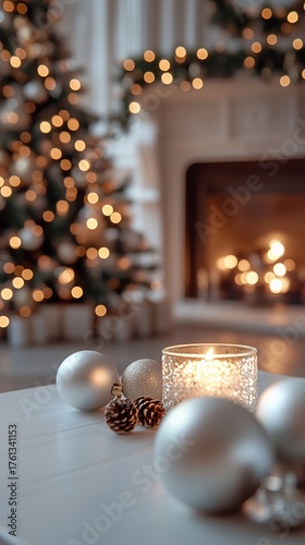 Blurred modern living room Christmas decoration, white table with decorated tree, fireplace garland lights, holiday home interior design, copy space