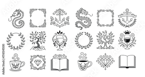 Elegant Dragon, Anchor, Frame, Crown, Wine, Cup, Book, Diamond Vector Element Monoline Style