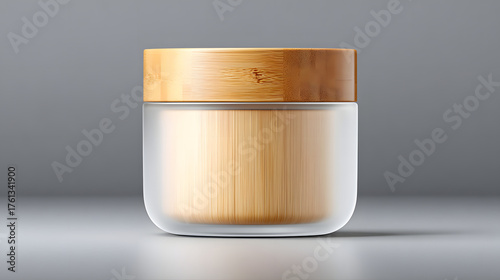 Frosted jar bamboo lid cosmetic container minimal design neutral gray background studio lighting skincare packaging eco friendly clean aesthetic mockup