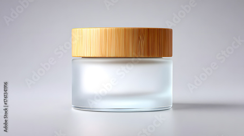 Frosted glass jar bamboo lid cosmetic container minimal design skincare packaging clean mockup studio lighting empty bottle luxury style modern aesthetic. Frosted glass jar with bamboo lid minimal