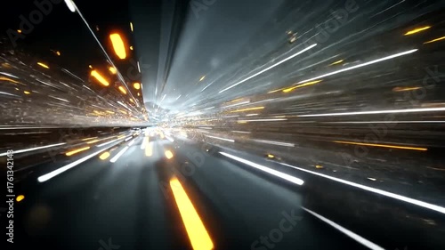 Abstract perspective of white and orange light streaks racing through a dark, metallic tunnel at speed
