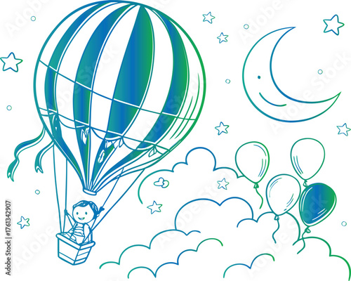 Child in Hot Air Balloon Flying with Balloons Under a Smiling Moon.
