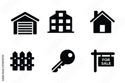 House, Garage, Fence, and Key Real Estate Vector Icons Illustration for Property Management and Housing