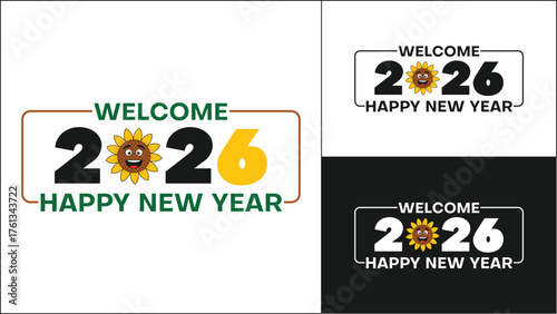 Bright and cheerful sunflower character welcomes the new year 2026 with a happy greeting.