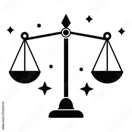 Silhouette of balanced scales with stars surrounding symbolizing justice fairness and equilibrium in a clean graphic design