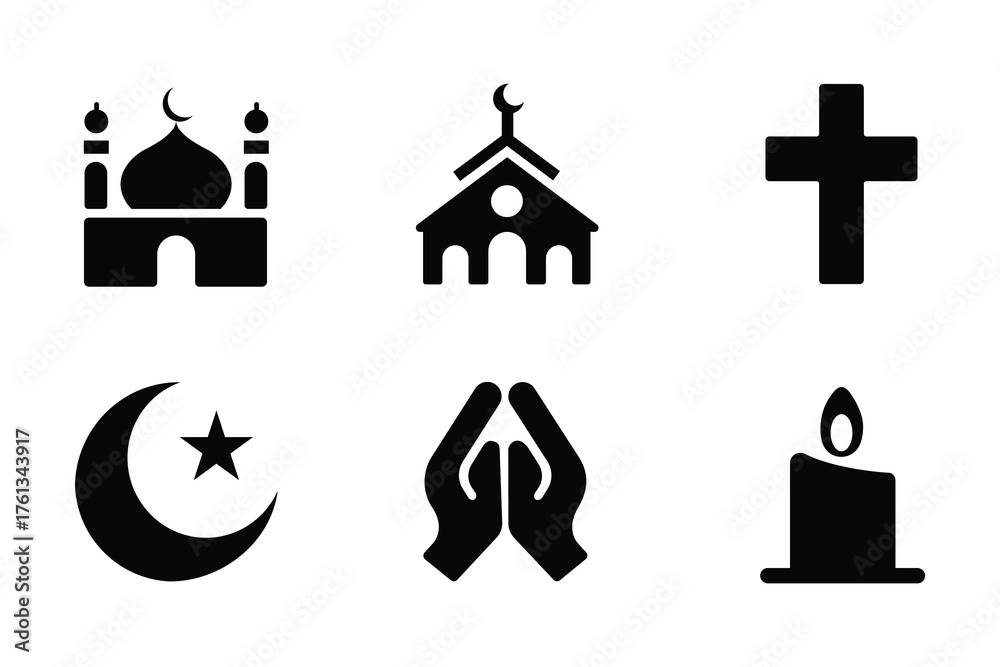 Obraz premium Vector Religious Symbols: Mosque, Church, Cross, Crescent, Hands, and Candle Flat Icon Set Collection
