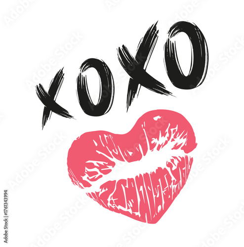 Pink red lipstick kiss symbol in a heart form and text xoxo
