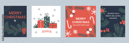 Christmas and New Year Card Templates – Vector set featuring snowy backgrounds, decorated Christmas trees, and gift boxes, ideal for holiday banners, invitations, posters, social media, and seasonal 