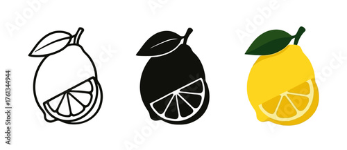 Vector lemon, 4 versions, outline, silhouette and colored