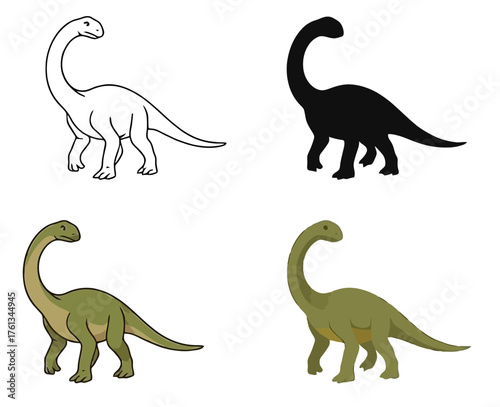 Vector dinosaur, 3 versions, outline, silhouette and colored