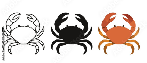 Vector crab, 3 versions, outline, silhouette and colored