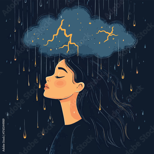A woman with eyes closed stands beneath a rain cloud with lightning, representing sadness, depression, or mental health issues.   , vector style simple color