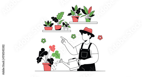 Modern gardener watering houseplants with watering can in stylish home interior, nurturing greenery and floral care for a thriving indoor garden