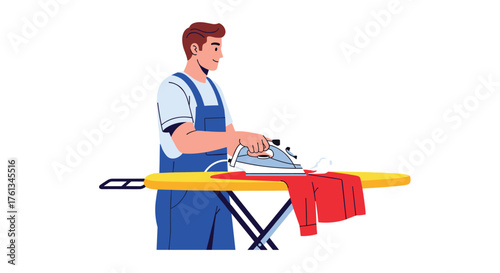 Smiling man ironing red shirt with electric iron on ironing board, enjoy household chores and laundry work, vector illustration