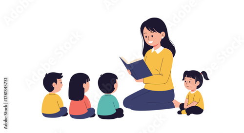 Charming teacher reading aloud to eager students, fostering imagination and early learning in a colorful and engaging educational setting
