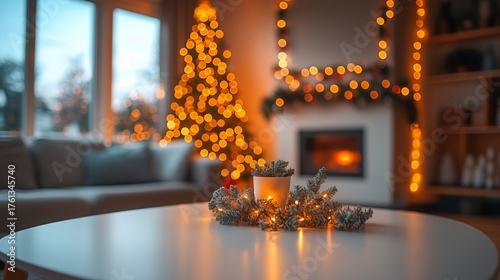 Blurred modern living room Christmas decoration, white table with decorated tree, fireplace garland lights, holiday home interior design, copy space