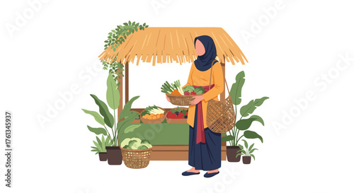 Vibrant woman in traditional attire selects fresh produce at a bustling outdoor market stall overflowing with lush greenery