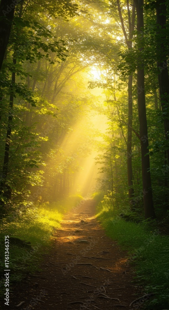 Fototapeta premium Sunbeams illuminate a forest path with vibrant green foliage.
