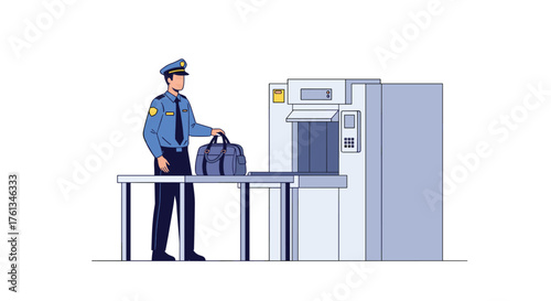 Professional security officer carefully inspects luggage at airport scanner, ensuring safe travel for passengers