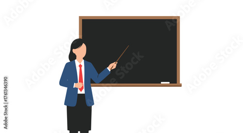 Professional woman in suit confidently presents lesson using pointer at classroom blackboard, conveying knowledge and expertise