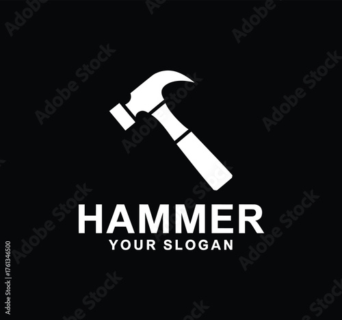 White hammer icon with distressed texture and text on black background