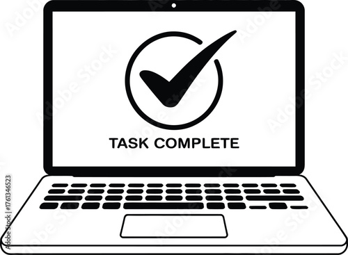 Laptop screen displays a large checkmark inside a circle and the words task complete