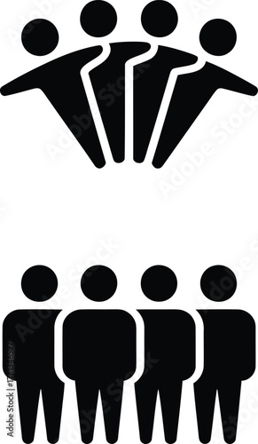 Two simple black silhouette icons representing groups of people in different formations