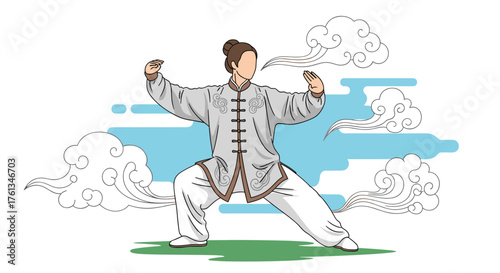 Serene martial artist practicing ancient Tai Chi movements gracefully amidst stylized clouds and blue sky