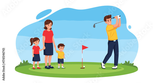 Joyful family enjoying a sunny day playing golf together on a vibrant green course, creating cherished memories