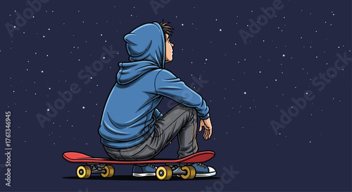 Young dreamer on skateboard gazes at starry night sky contemplating future adventures and endless possibilities