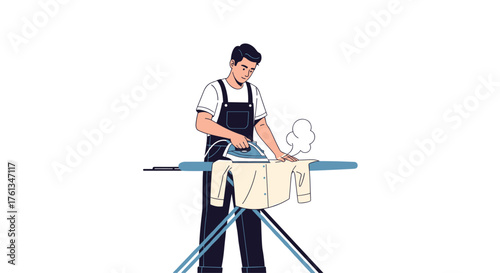 Young man meticulously ironing a shirt on an ironing board, creating fresh steam and smooth fabric for a polished look