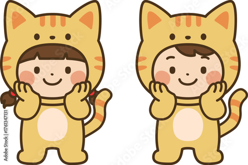 Cute Children in Cat Costume | Yellow Kitty Outfit | Cartoon Child Character Vector Illustration