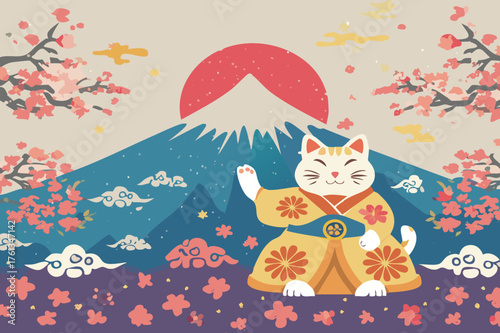 Lucky cat with mount fuji and cherry blossom trees