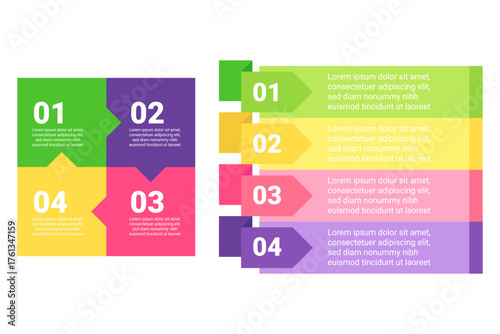Colorful infographic set showing clear step-by-step process with numbered sections. Brief text descriptions highlighting key information and tasks involved