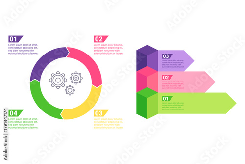 Infographic set illustrating process flow with colorful elements and icons. Steps and arrows guiding viewers through information presented in organized manner