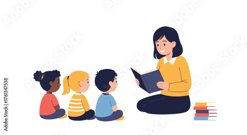 Engaging teacher reads story to diverse group of attentive children fostering imagination and learning in a bright, cheerful setting