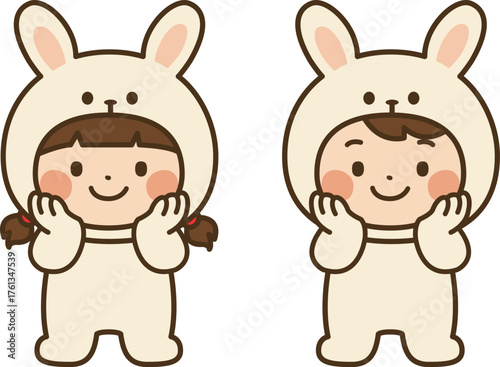 Cute Kids in Bunny Costume | White Rabbit Onesie | Cartoon Children Vector Illustration