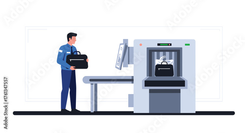 Professional security officer carefully screens luggage at airport checkpoint with X-ray scanner, ensuring safety and order